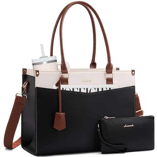 LOVEVOOK Laptop Bag for Women, 2-in-1 Tote Purse with Clutch & Cup Holder, Waterproof Briefcase for Work Travel - color: Black-beige-brown, size: 17.3 inch
