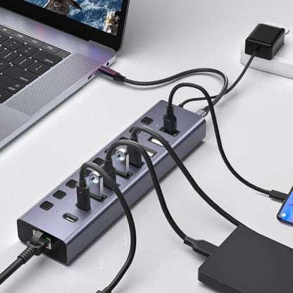 9 In1USB C Hub Aluminum Port USB 3.0 Data Hub Splitter Individual On/Off Switches for Pc Laptop US Plug