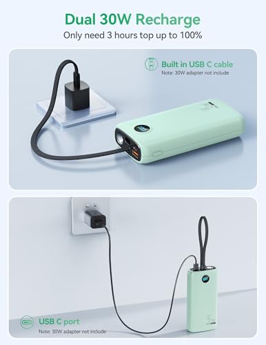 DIAMUAR Portable Charger 20000mAh 45W, Built in USB C Cable, 3W Flashlight | Fast Charging, Digital Display, 3 Ports, All-Day Power, Travel-Ready, for iPhone 17/16/15, Tablet, Laptop, Camping Essentials - color: Green