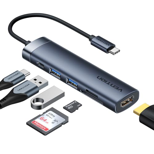 VENTION USB C Hub, 6-in-1 Laptop Docking Station Dongle Adapter with 4K HDMI, PD 100W Charging, USB 3.0 Ports, SD/TF Card Reader, Portable Aluminum Plug & Play for MacBook Pro, Laptop/HP/DELL