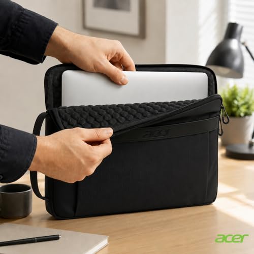 Acer Laptop Sleeve Case for 13.3-14 inch Laptops, Slim Protective Computer Sleeve with Hidden Zipper Pocket, Soft Plush Bubble Padding, Side Handle and Luggage Strap, Travel Laptop Bag, Black | Slim, Soft Bubble Padding, Extra Front Storage, Wrist Strap,
