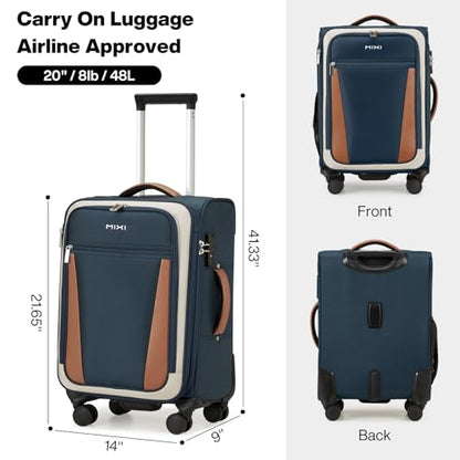 mixi Carry On Luggage 20 Inch Softside Expandable Suitcase with Front Pocket, 22x14x9 Airline Approved Rolling Lightweight Travel Suitcases with Wheels & TSA (Deep Blue-Off White) - color: Deep Blue-Off White