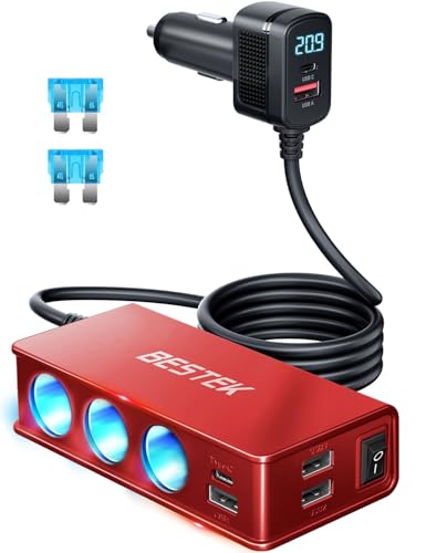 BESTEK 148W Cigarette Lighter Splitter 9 in 1 Cigarette Lighter Adapter with 3-Socket PD 30W and QC3.0 18W Charging Ports LED Display Super Fast Charger for Dash Cam, GPS, iPad/Laptop/Phone（Red） - color: Red