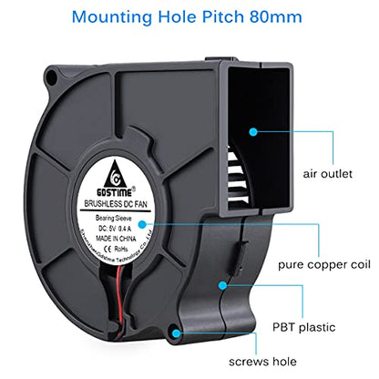 GDSTIME 75mm x 30mm 5V USB Blower Fan with 3 Speed Controller DC Brushless | 7530, Small Turbine Centrifugal Fans, for NAS, Helmet, Vivarium, Laptop, Amplifier, Raspberry Pi Cooling Ventilation - size: 75mm x 30mm