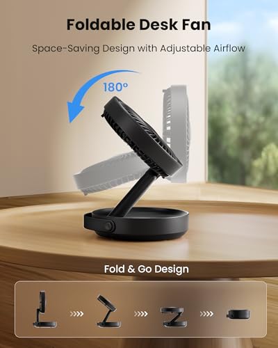 Gaiatop Foldable Desk Fan with Night Light, 6.8in Portable Travel Fan | 6000mAh Battery Powered Fan, USB Rechargeable, Bedroom Office Camping Travel & Cruise Essentials, Gifts for Women Men, Black - color: Black