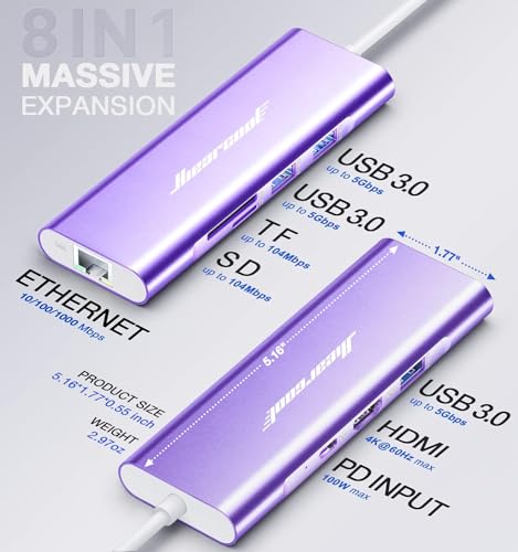 Hiearcool USB C Hub, USB-C Ethernet Dongle 4K@60Hz HDMI Multi-Port Adapter, USBC Docking Station Compatible for MacBook Dell HP Thunderbolt 3 4 Laptops-Purple - color: Purple