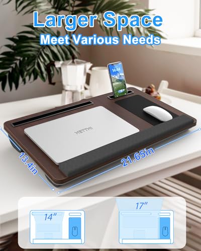 HETTHI Laptop Lap Desk, Portable Large Laptop Desk for Bed, Up to 17 in Lap Table with Wrist Rest, Mouse Pad, Tablet Phone Slot, Portable Handle, Lap Tray with Cushion (Dark Brown) - color: Dark Brown