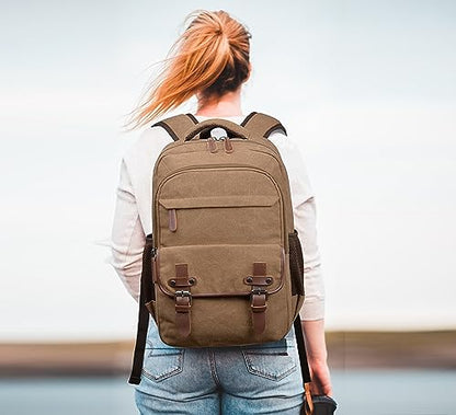 CROCOD Canvas Laptop Backpack, Vintage Daypack for Men Women,Travel Work Rucksack College Bookbag Computer Bag Fits 15.6 Inch Laptop (Coffee)