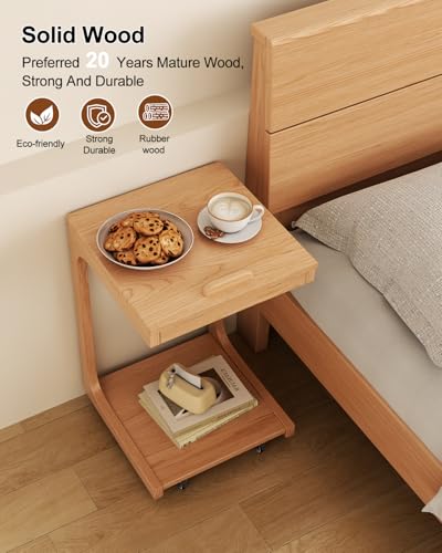 AQIMUELE Wooden C-Shaped End Table,Couch Table with Adjustable Desktop,Small Rolling Side Table with 2 Lockable Wheels,Small End Table for Couch, Living Room,Bedroom (Natural) - color: Natural, size: 15.6"D x 15.7"W x 24.8"H, style: Modern 2 Tier