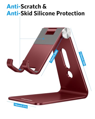 OMOTON C2 Adjustable Cell Phone Stand with Charging Cutout, Cherry Red | Sturdy 3mm Aluminum, Charging Port, 270° Adjustable, Non-Slip Silicone Pads, Works with Thick Cases, for All Smartphones - color: Cherry Red