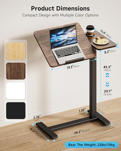 BZIUM Overbed Bedside Table with Hidden Wheels, Adjustable Medical Tilt Top Hospital Bed Table Over The Bed, Rolling Desk Mobile Standing Desk (27.6x15.8, Walnut)