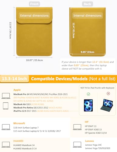 HYZUO 13.3-14 Inch Laptop Sleeve Case for MacBook Pro 14 M5/M4/M3/M2/M1 Pro/Max A3426 A3427 2026-2021, 13.3" MacBook Air/Pro, 13.5-13.8 Surface Laptop, HP Envy 13, Faux Suede Leather, OliveYellow - color: Olive Yellow, size: 13.3-14 Inch
