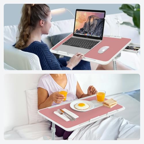 iXTRA Laptop Lap Desk Include Cooling Fan,Adjustable Lap Desk with Light Fan,Folding Laptop Desk for Bed with USB,Bed Desk with Storage Drawer 60x40cm,Pink - color: Pink+holder,60x40cm