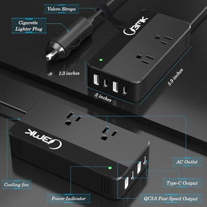 200W Car Power Inverter 12V DC to 110V AC Converter with 2 AC Outlets & 4 USB Ports, Dual QC3.0 + 2 USB-C PD 18W, Cigarette Lighter Plug Adapter for Laptop Tablet Road Trip