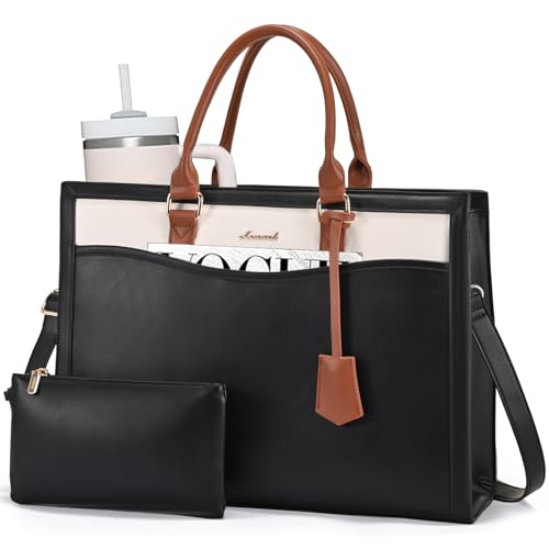 LOVEVOOK Laptop Tote Bag for Women, Large Work Computer Bag with Cup Holder | PU Leather Business Briefcase Teacher Travel College Bag Handbag fit for 15.6 inch Laptop, Office Purses Gifts for Women,2pcs - color: Black/Beige/Brown, size: 15.6 Inch