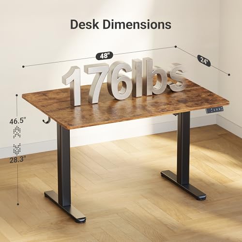 Claiks Electric Height Adjustable Standing Desk, 48x24 Inch, Rustic Brown | Smooth Height Adjustment, 4 Memory Presets, Cable Management Hub&Hook, Stable Steel Frame, 176lbs Capacity, Easy Assembly - color: Rustic Brown, size: 48