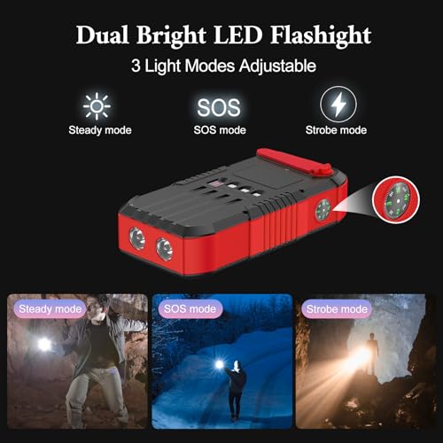 Solar Power Bank 66800mAh Built in Hand Crank and 4 Cables 22.5W Fast Charge,Camping Essentials/SOS/Strobe/Strong Flashlights,Compass Solar Portable Charger Power Bank (Red) - color: red
