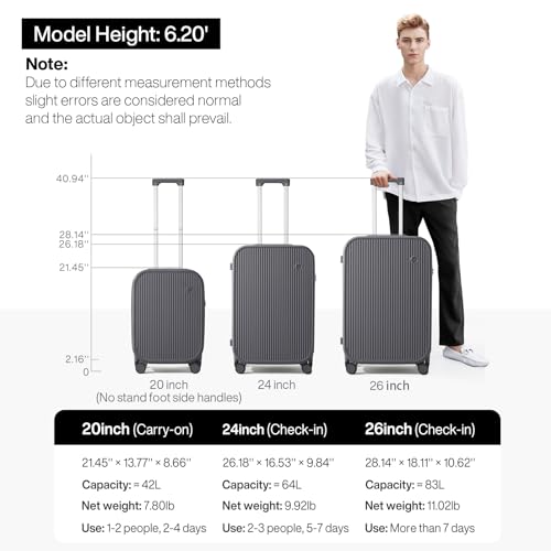mixi Checked Luggage with Cup Phone Holder Hard Shell Rolling Travel Suitcase with Spinner Wheels,26 Inch Rock Grey - color: Rock Gray, size: 26-inch