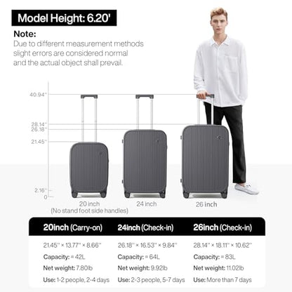 mixi Checked Luggage with Cup Phone Holder Hard Shell Rolling Travel Suitcase with Spinner Wheels,26 Inch Rock Grey - color: Rock Gray, size: 26-inch