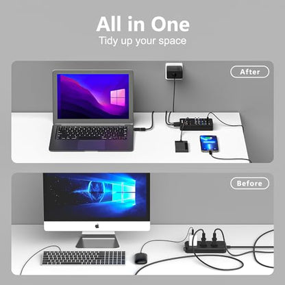 Powered USB Hub, SENTANK 14 Port USB 3.0 Hub Splitter (6 USB 3.0 Data Ports + 4 Fast Charging Ports) with Independent LED On/Off Switch, with 60W Power Adapter for Mac, PC