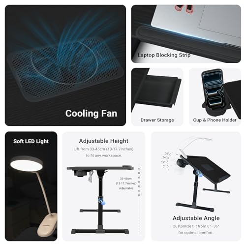 Adjustable Laptop Lap Desk with Cooling Fan USB Light for Adults - color: Black,70x45cm