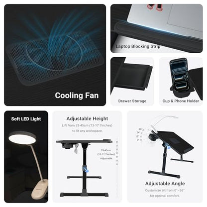Adjustable Laptop Lap Desk with Cooling Fan USB Light for Adults - color: Black,70x45cm
