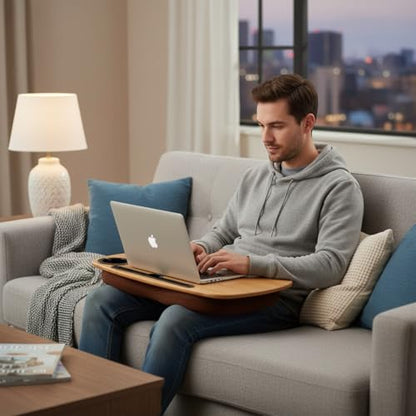 Lap Desk for Laptop with Cushion, Cup Holder-Fits up to 18 inch | Bamboo Computer Laptop Stand with Phone Hoder, Anti-Slip Stopper - size: 21.6"x13.8" with Cup Holder