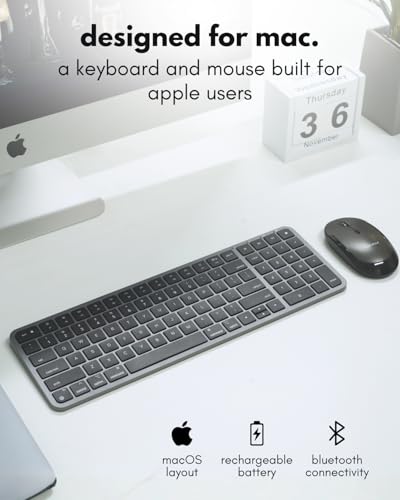 Macally Bluetooth Mac Keyboard and Mouse (Compact, Multi Device, Rechargeable) - Wireless Apple Keyboard and Mouse Combo - for Mac mini/Studio, MacBook Pro/Air, iMac, iPad, iPhone - Space Black - color: Space Black