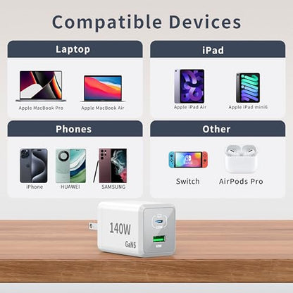 Mac Book Pro Charger - 140W 2 Port Foldable USB C Charger Fast Charging Compatible with for Mac Book,M1 M2 M3 M4 M5.iPad/iPhone 17/16 Series, Samsung Galaxy, Pixel, Include 5 FT Charge Cable