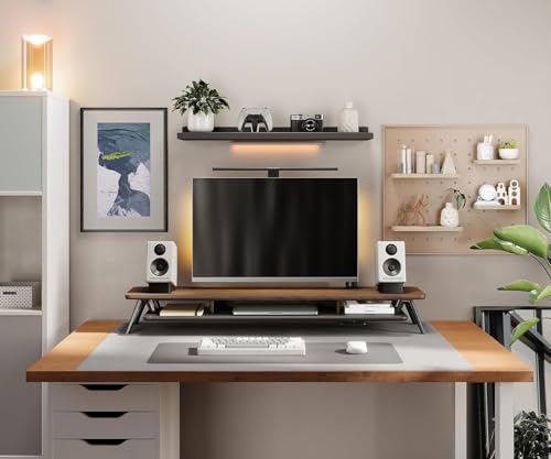Fenge Dual Monitor Stand Riser, Wooden Desk Shelf with 2-Tier Storage | 42.5-Inch Wide, Sturdy Aluminum Legs, Built-In Phone & Tablet Slot, Desktop Organizer for Office Accessories - color: Walnut, size: 42.5 Inch