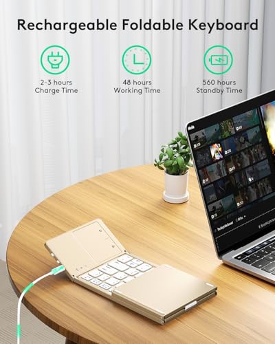 Samsers Foldable Bluetooth Keyboard with Touchpad, Ultra Slim Compact, Gold | Multi-touch Trackpad, Full Size, Phone Holder, USB-C Charging, 1 Device, for Android Windows iOS Mac OS, Mobile Productivity - color: Desert Gold, size: 1-Device