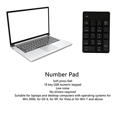 Numeric Keypad, 18 Key Wireless USB Number Pad with Low Noise Design and Comfortable Tilt Angle, for Laptop Desktop PC OS X (Black) - color: Black