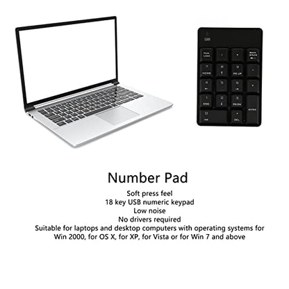 Numeric Keypad, 18 Key Wireless USB Number Pad with Low Noise Design and Comfortable Tilt Angle, for Laptop Desktop PC OS X (Black) - color: Black