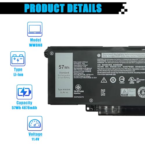 WW8N8 Laptop Battery Replacement for Dell Latitude 7340 7350 7440 7450 7640 7650 Series 66DWX 086D0Y 86D0Y 00HYH8 0HYH8 0CTJJ6 57Wh 4878mAh 11.4V - size: 9.92*3.46*0.21 inch WW8N8