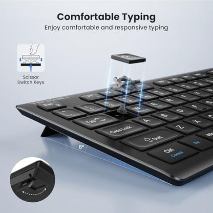 TECKNET 2.4G Rechargeable Ultra-Slim Wireless Keyboard and Mouse Combo | 2.4G Stable Connection, Full-Size Scissor Switch Keyboard with 12 Multimedia Keys, Silent Mouse, Ergonomic Design, Black - color: Black