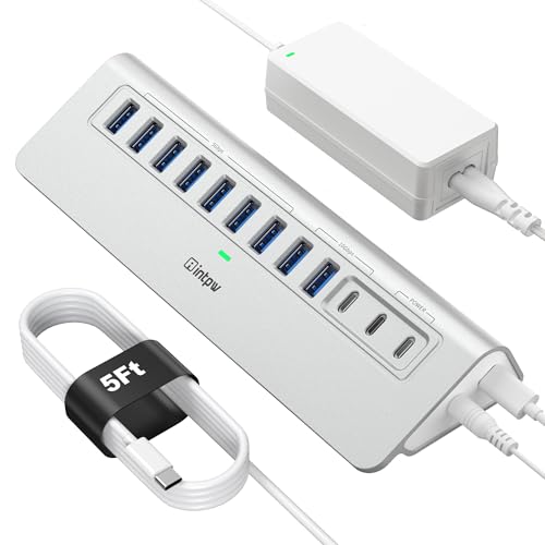 Powered USB Hub 10Gbps, intpw 12-Port USB 3.2 Hub with USB A/USB C 3.2, 7 USB 3.0, 2 PD 45W Charging Port, 65W Power Adapter and 5FT Cable, Aluminum USB Hub for Laptop, iPhone 17/16/15/PC - color: Silver, size: 12 Port + 5FT