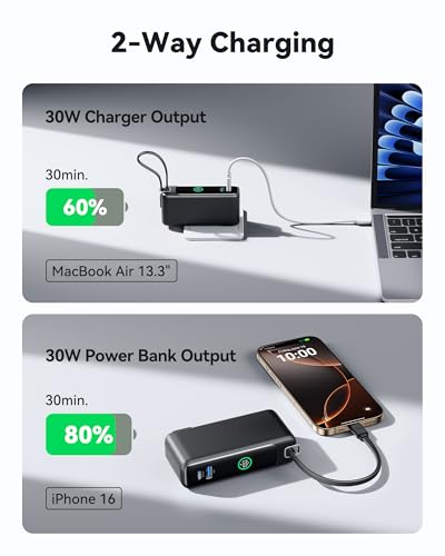INIU 30W Fast Charging Portable Charger, with Built-in Cable & AC Wall Plug | 10000mAh, Small, Fast Charging, Built-in USB C Cable, Flight-Safe, Travel, Battery Pack for iPhone 17 16 Pro, Samsung S26 etc - color: Black