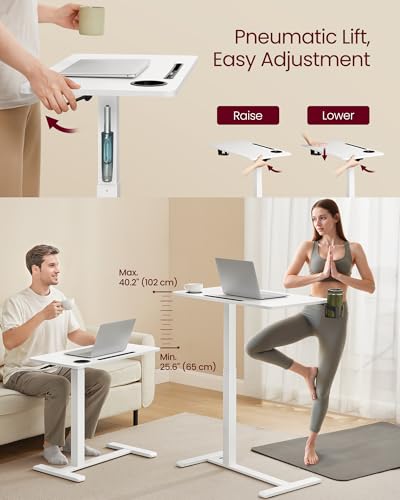 VASAGLE Overbed Table with Wheels, Mobile Standing Computer Desk, 31.5 x 17.7 Inches Tabletop, Adjustable Height, 2 Cup Holders, Phone and Tablet Slot, Cloud White ULSD601W01 - size: 31.5"W x 17.7"D