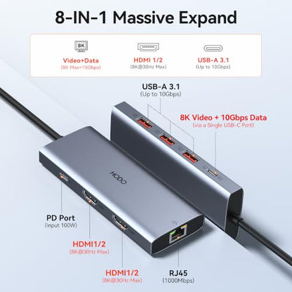 Laptop Docking Station 3 Monitor Triple 4K Display,USB C Hub with 2 HDMI 8K | USB C Docking Station Dual Monitor with 8K USB C Port,10Gbps USB 3.1*3, 100W PD, Ethernet, USB C Adapter for Hp/Dell Laptop