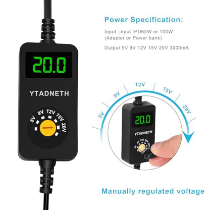 Universal USB C to DC Adapter, Barrel PD Trigger Cable, USB-C Female to DC 5V 9V 12V 15V 20V Adapter Cable with LED Display, for Netbook, Tablets, Led Light, Lamps, Routers