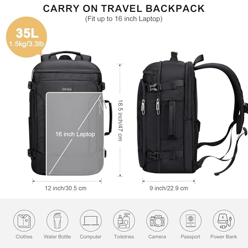 Travel Backpack Carry On Everyday Laptop Backpack Fits 16" Laptop | Flight Approved Luggage Backpack for Men Women, Suitcase-Style Main Pocket, Laptop Compartment, USB Port, for Travel, Daily - color: Black