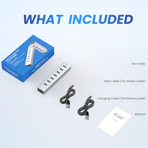 EJAY 7-Port Desktop USB 3.0 Hub for PC with Extra Power Port, Aluminum USB Splitter 5Gbps Data Transfer, 3.28ft Long Data & Power Cables for Laptop, Mac, Windows, Linux