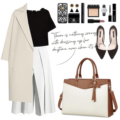 RAINSMORE Laptop Bag for Women 15.6 Inch PU Leather Laptop Tote Professional Business Office Work Bag Waterproof Briefcase Computer Tote Bag Large Lightweight Handbag Shoulder Bag - color: Beige and Dark Brown