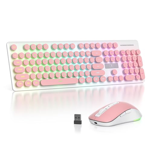 Backlit Pink Keyboard and Mouse Wireless, 2.4GHz Light Up Typewriter Rechargeable Quiet Keyboard Cordless with USB Receiver for PC/Laptop(Pink) - color: Pink