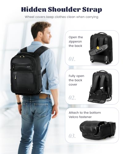 Ponhog Rolling Laptop Backpack with Wheels Carry On Laptop Bag | Airline Approved Water Resistant Travel Backpack, Fits 15.6 Inch Laptop, for Business Travel, College School, Black