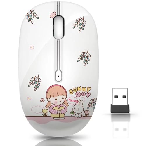 JUHOO Wireless Mouse with Nano Receiver for PC, Laptop, Notebook, Computer, MacBook, Less Noise, Portable Mobile Optical Mice - style: Rabbit & Girl