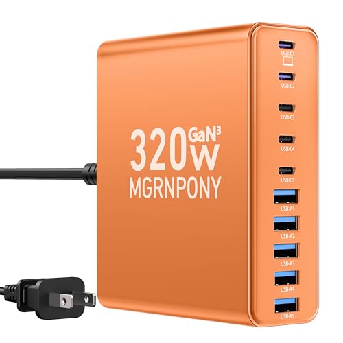 320W USB C Charger Block, 10-Port GaN USB C Charging Station Orange | PD 65W Laptop Fast Charger Adapter for MacBook Pro/Air, DELL, iPad, iPhone, Samsung Galaxy - color: Orange