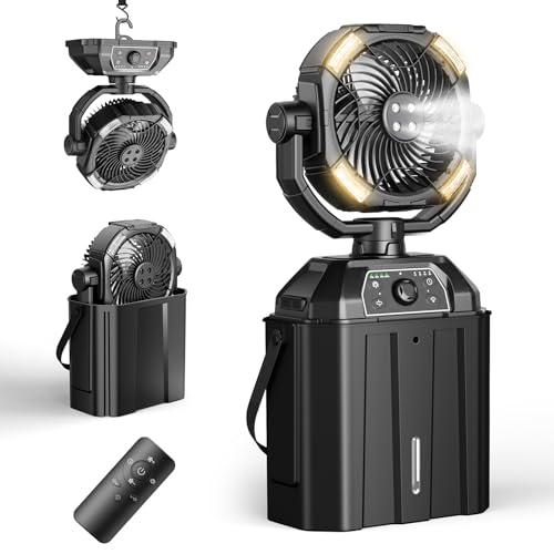 Portable Misting Fan Rechargeable for Hot Weather - 9-inch Auto Swivel Camping Fan with 25000mAh USB Battery as Power Bank, Outdoor fan with 4 Mist Cooler, 7L Bucket for Patio,Yard,Beach,Golf (Black) - color: Black