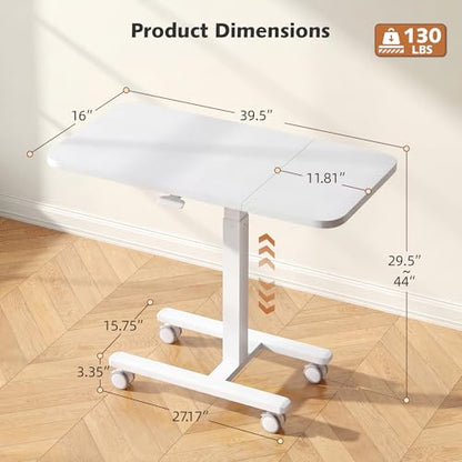 Homkdom C Shaped Table with Wheels, Side End Table with Extended Desktop, Adjustable Rolling Desk for Small Space, Dorm, Height Adjustment (29.5"-44"), White - color: White