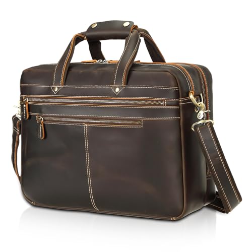 Polare 17'' Computer Briefcase Work Bag Business Case For Men With Full Grain Leather Fits 15.6'' Laptop - color: Dark Brown (Updated Version)